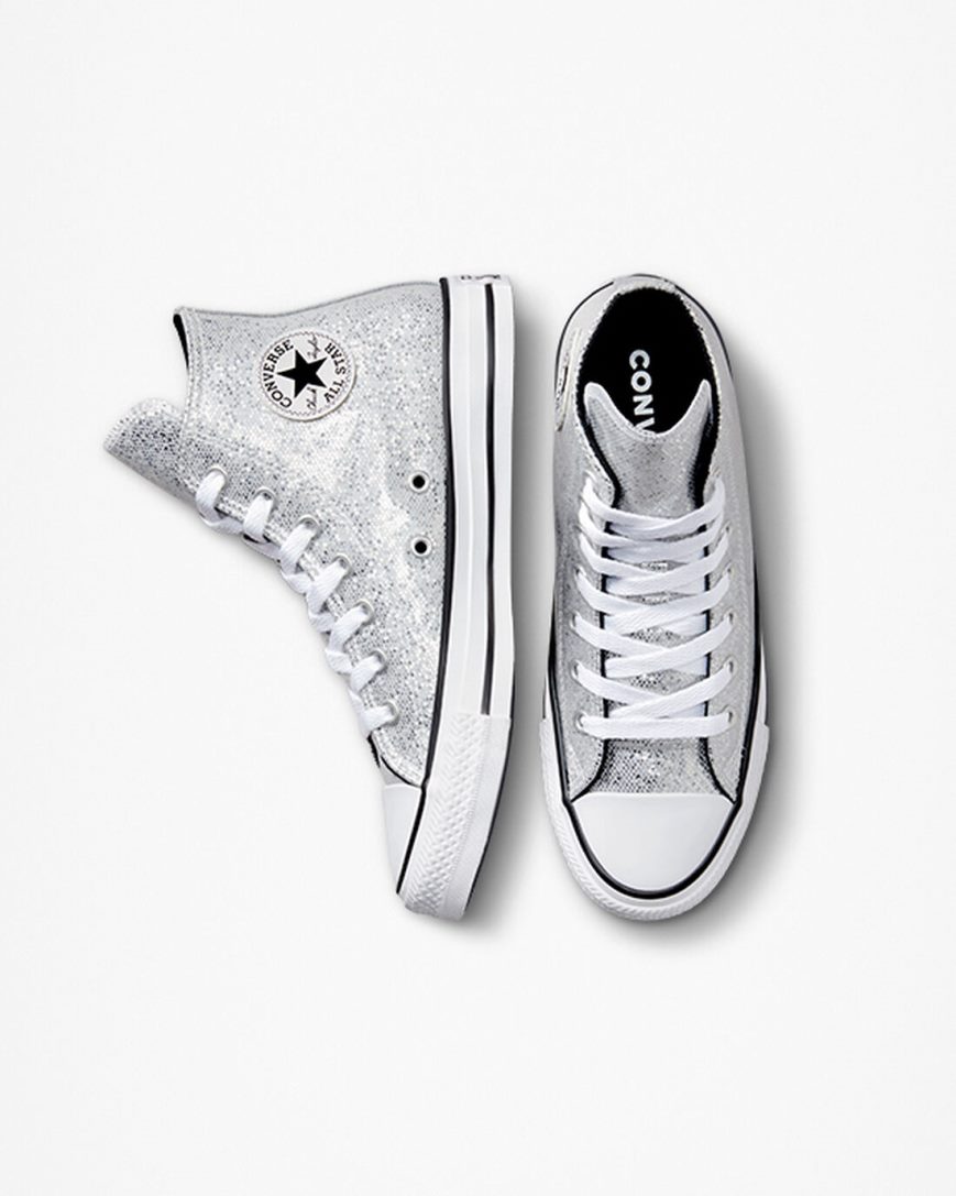 Dívčí Boty Vysoké Converse Chuck Taylor All Star Glitter Stříbrné Šedé Černé | CZ IZYD30